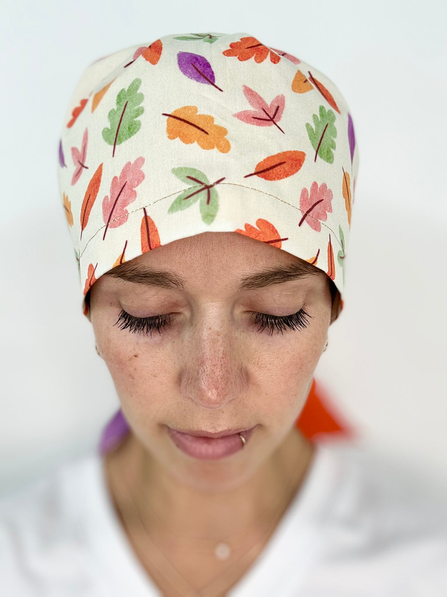 Ribbon Back- Happy Leaves: Euro-Style Scrub Cap