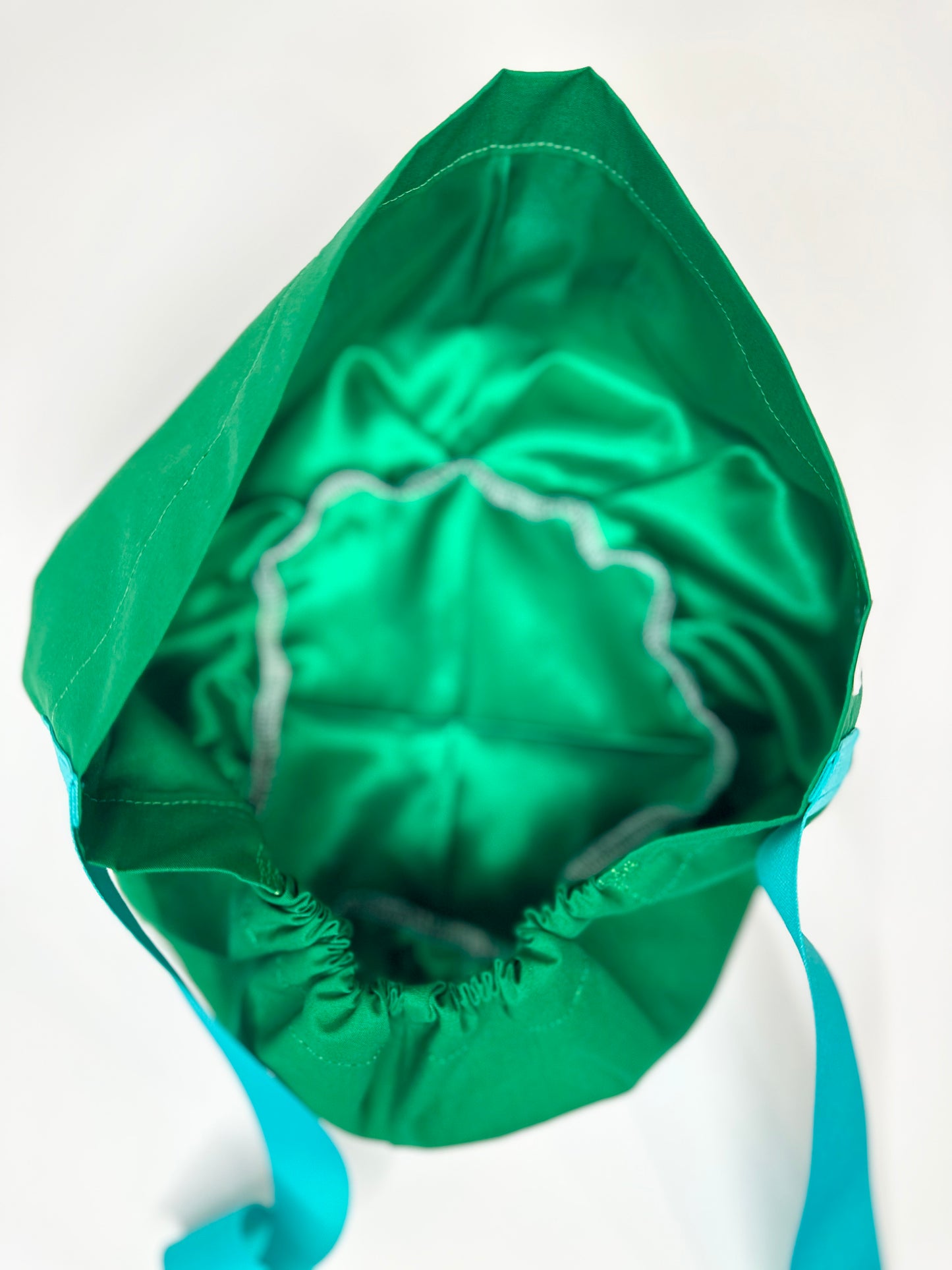 *Sneaky Print* Ribbon Back- Solid Green with Turquoise Ribbon: Euro-Style Scrub Cap