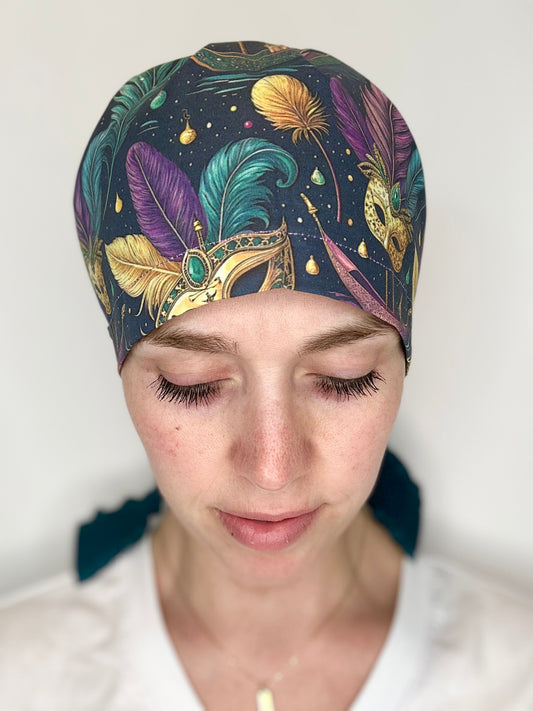 Ribbon Back- Mardi Gras at Night: Euro-Style Scrub Cap