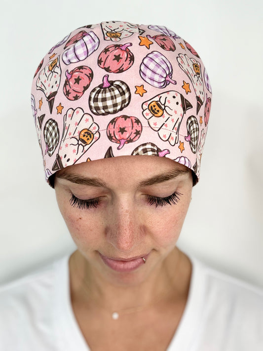 Toggle Back- Ghosts and Gingham Pumpkins: Euro-Style Scrub Cap