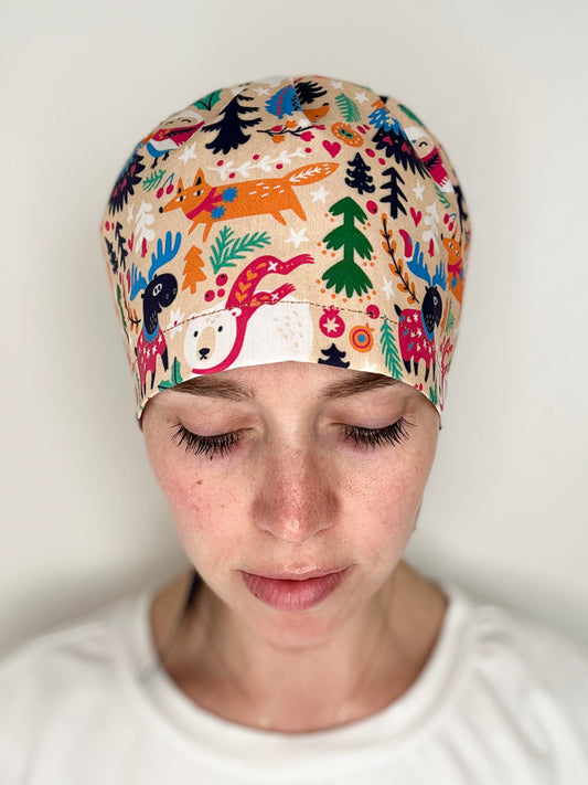 Ribbon Back- Woodland Animals: Euro-Style Scrub Cap