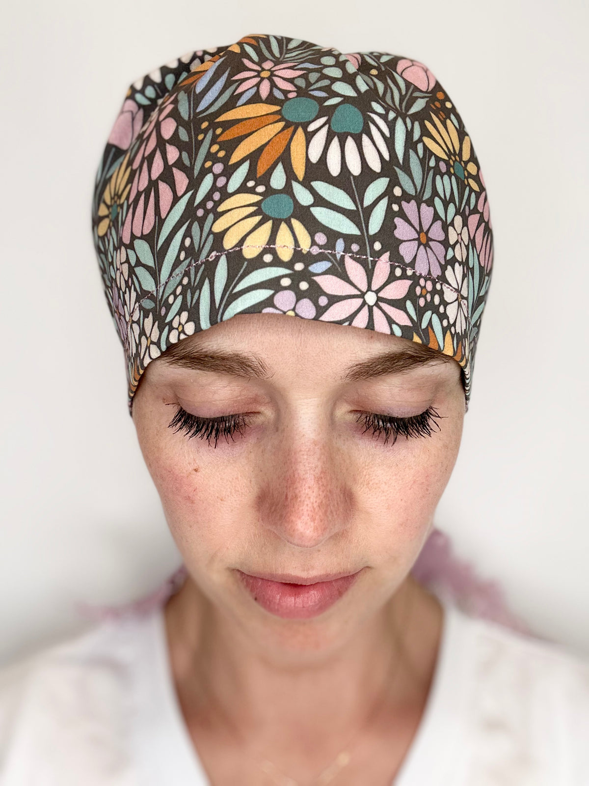 Ribbon Back- Floral Mosaic: Euro-Style Scrub Cap