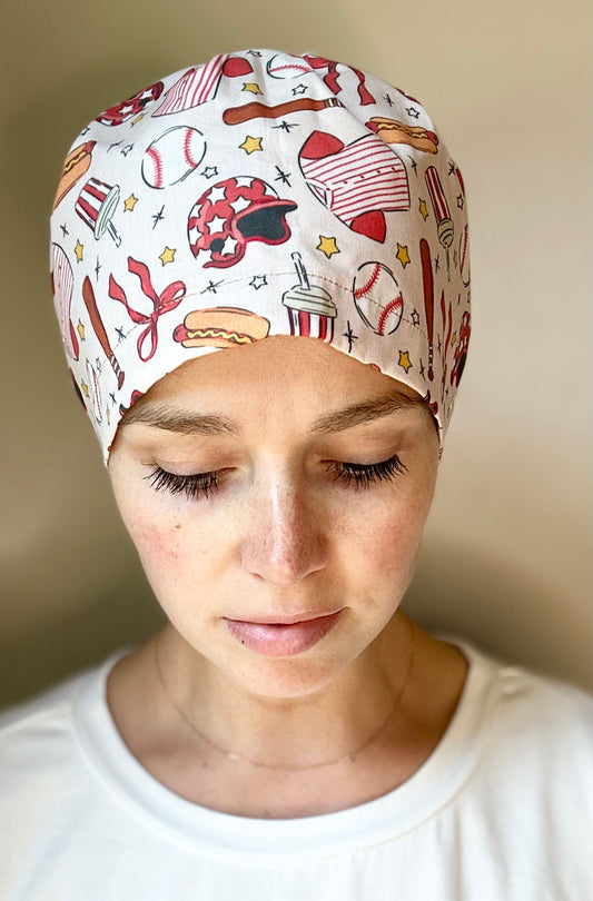 *Toggle Back* SATIN LINED- Play Ball: Euro-Style Scrub Cap