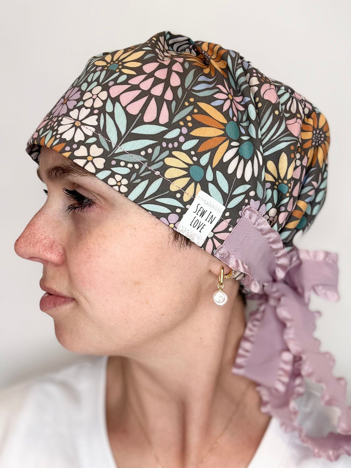 Ribbon Back- Floral Mosaic: Euro-Style Scrub Cap