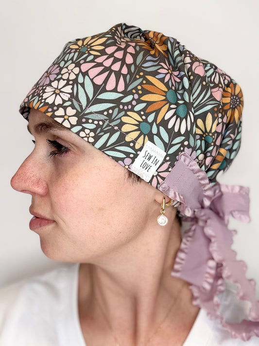Ribbon Back- Floral Mosaic: Euro-Style Scrub Cap