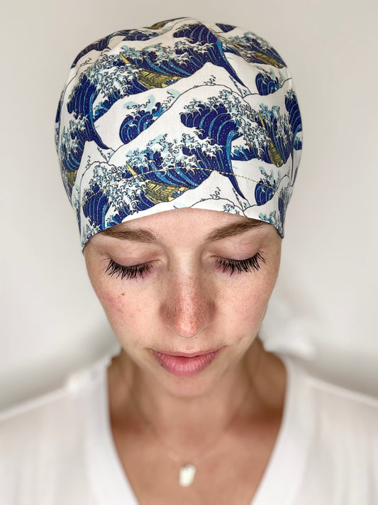Ribbon Back-The Great Wave: Euro-Style Scrub Cap