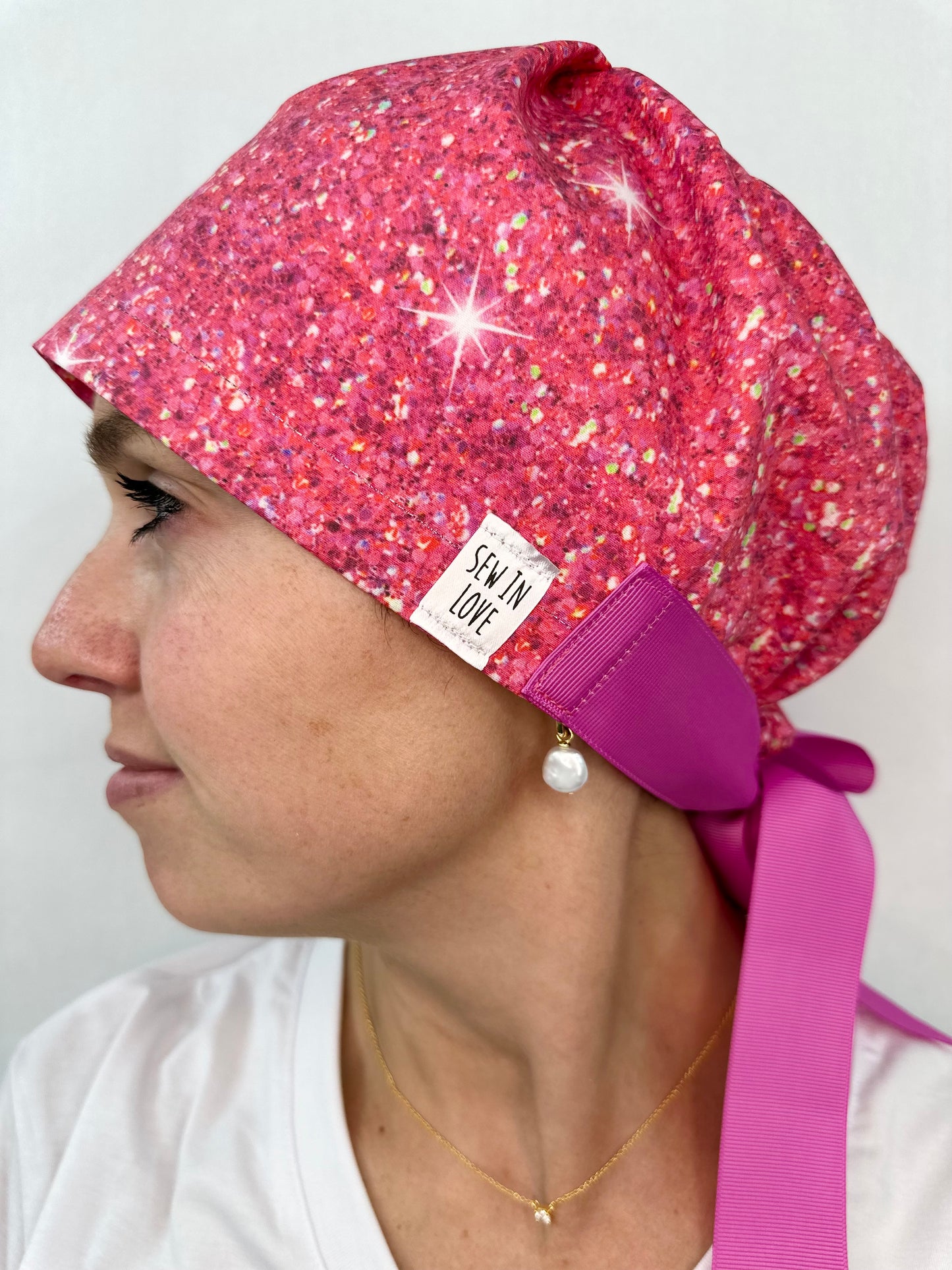 Ribbon Back-Faux Sparkly Fuschia: Euro-Style Scrub Cap