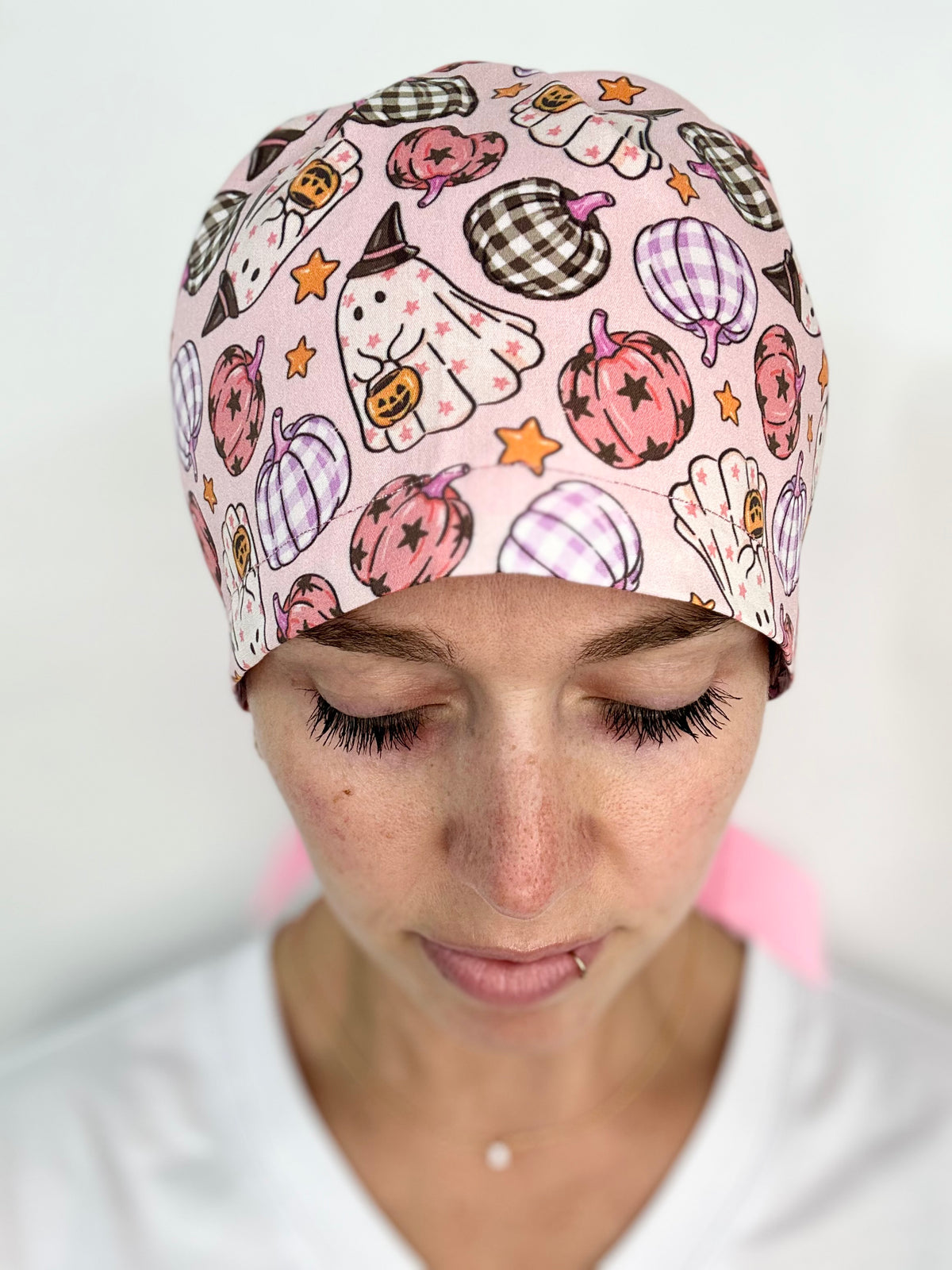 Ribbon Back- Ghosts and Gingham Pumpkins : Euro-Style Scrub Cap