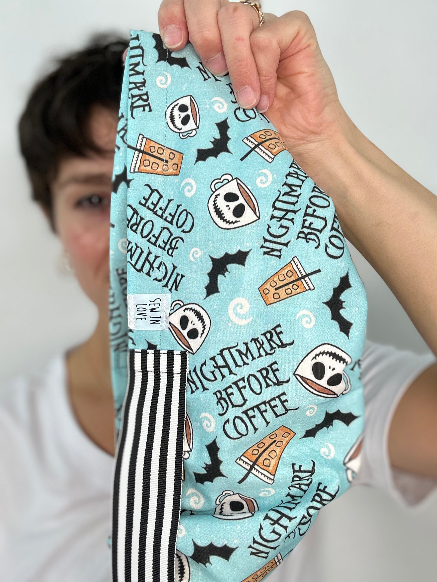 Ribbon Back- Nightmare Before Coffee: Euro-Style Scrub Cap