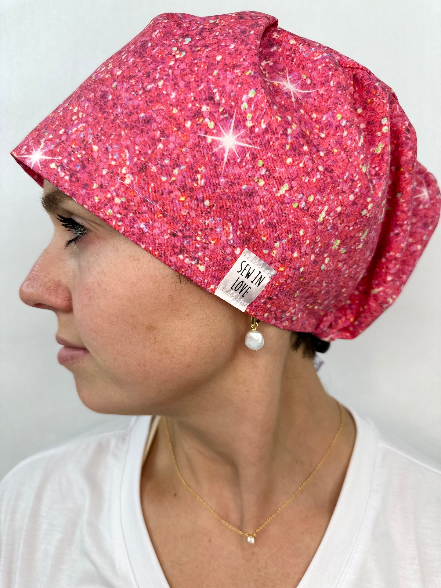 Toggle Back- Faux Sparkly Fuschia: Euro-Style Scrub Cap