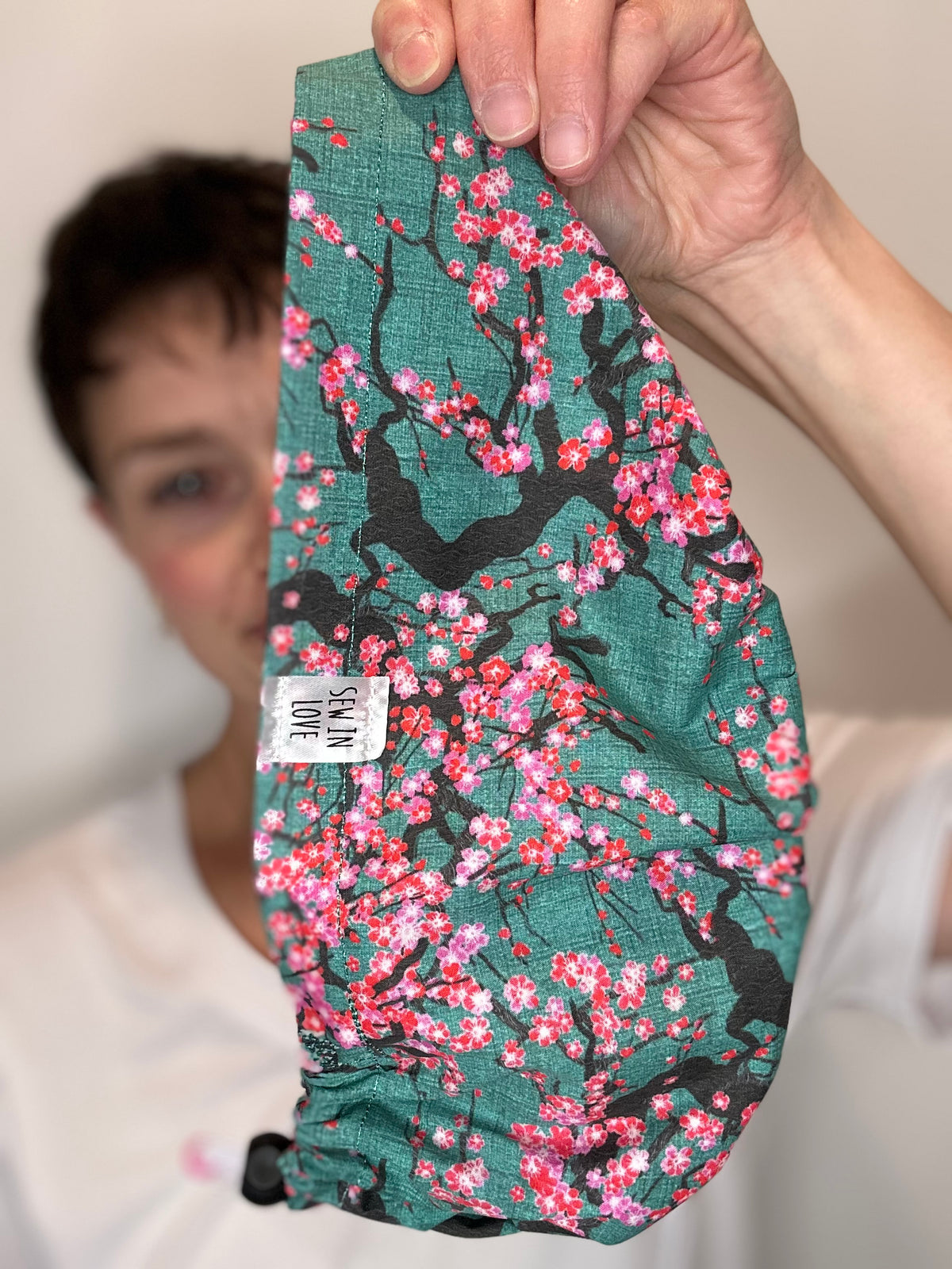 Toggle Back- Cherry Blossoms: Euro-Style Scrub Cap