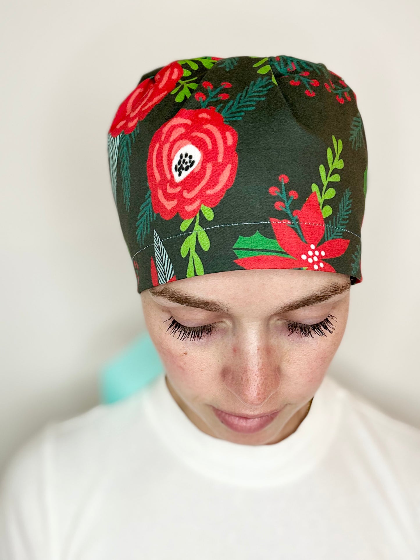 SATIN LINED- Poinsettia Christmas: Euro-Style Scrub Cap