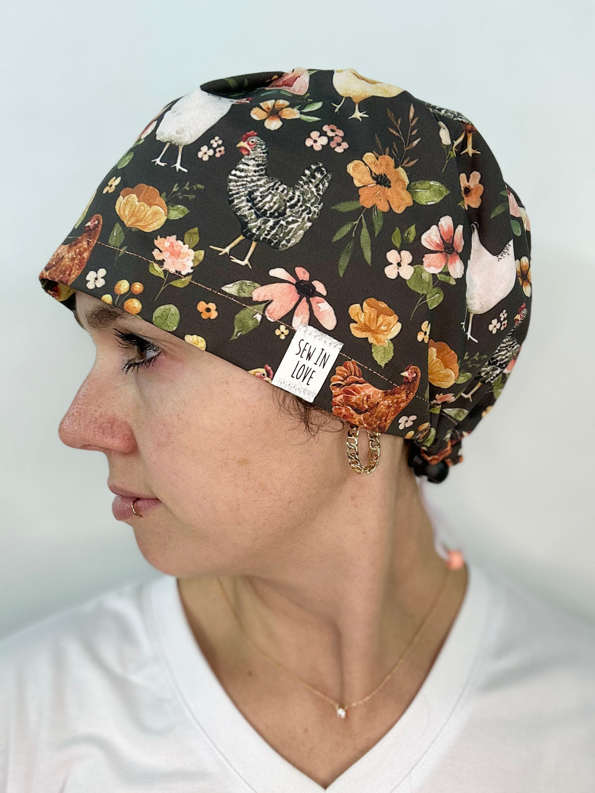 Toggle Back- Floral Chickens: Euro-Style Scrub Cap