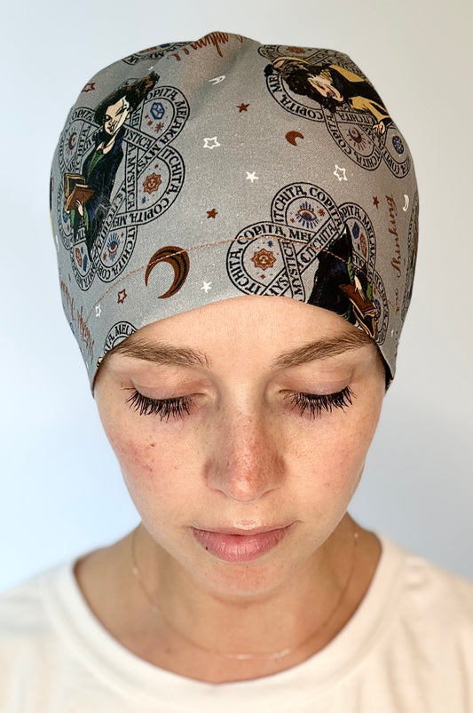*Toggle Back* SATIN LINED- Grey Hocus Pocus: Euro-Style Scrub Cap