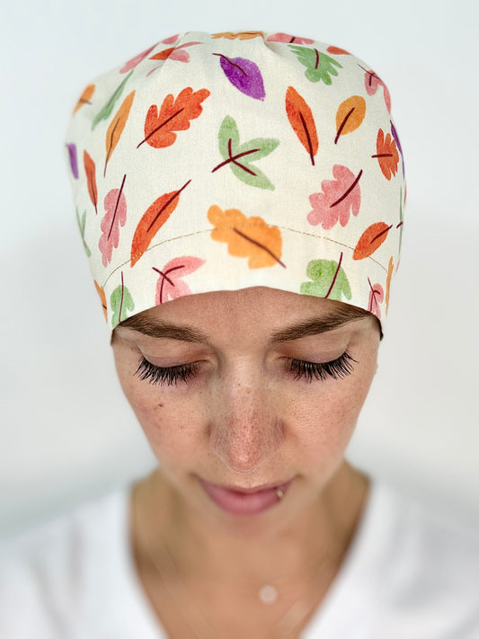 Toggle Back- Happy Leaves: Euro-Style Scrub Cap