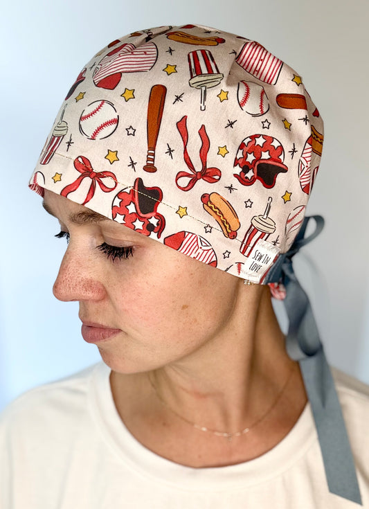 SATIN LINED- Play Ball (Slim Blue Ribbon): Euro-Style Scrub Cap