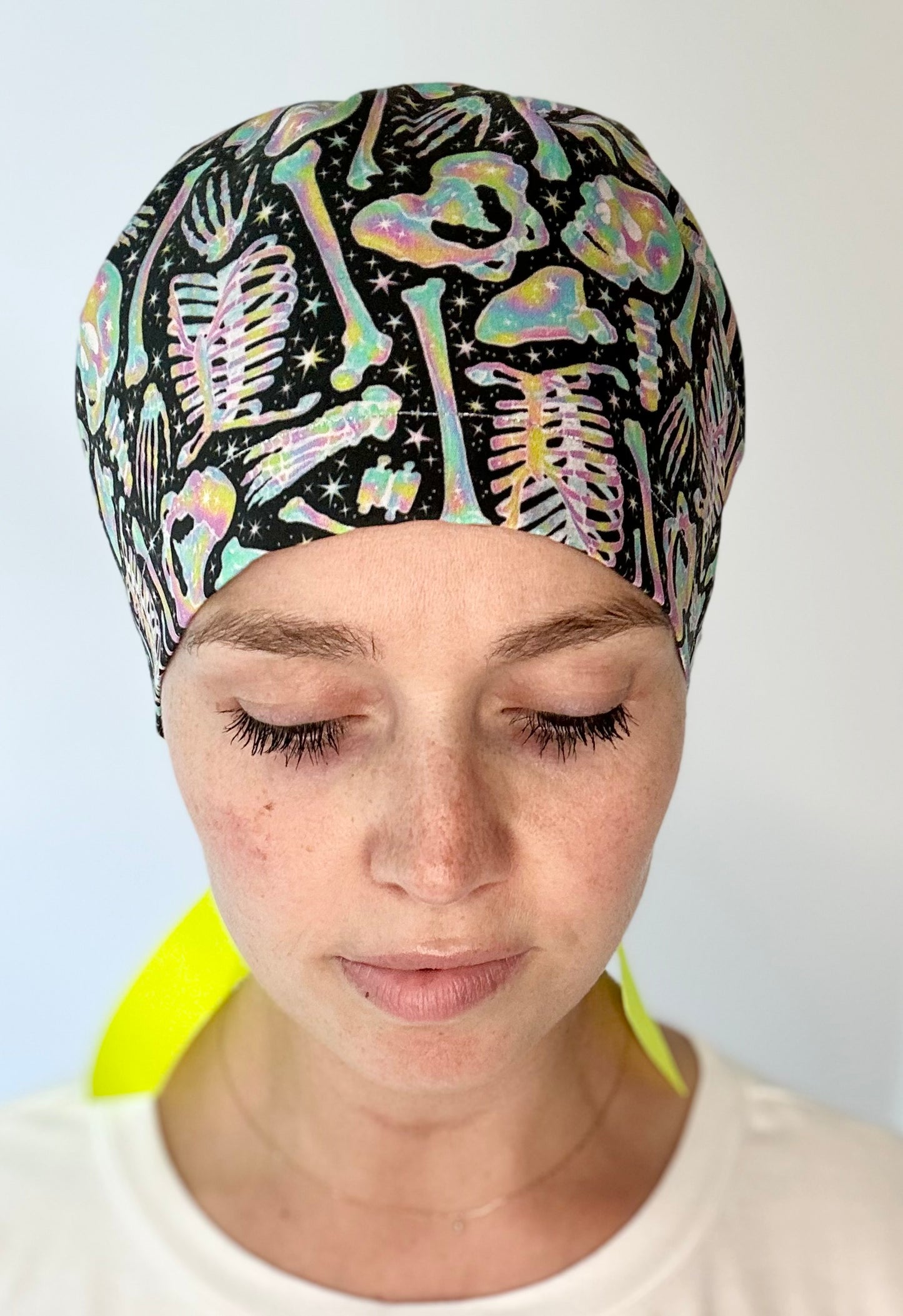 Ribbon Back- Neon Bones: Euro-Style Scrub Cap