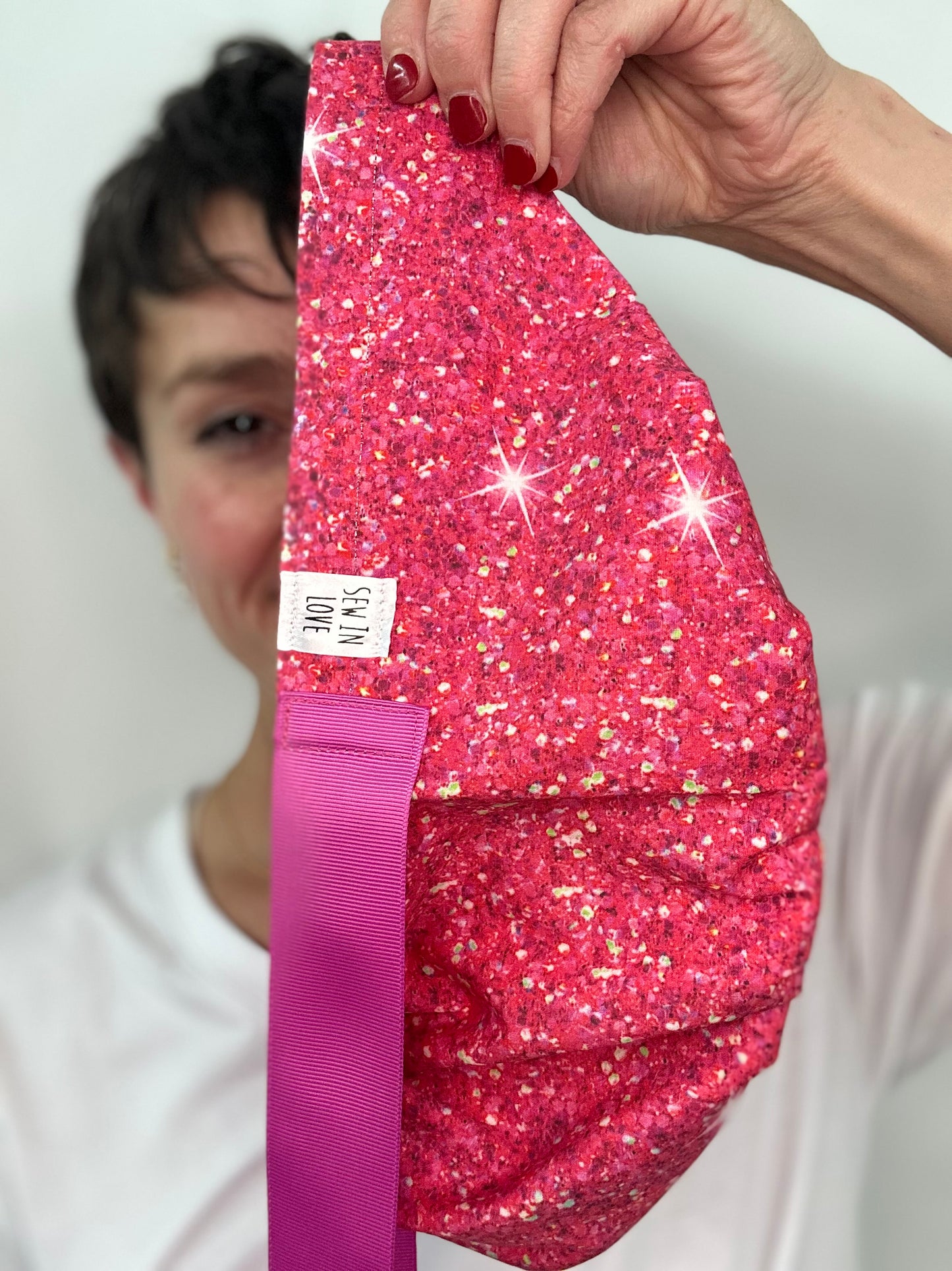 Ribbon Back-Faux Sparkly Fuschia: Euro-Style Scrub Cap