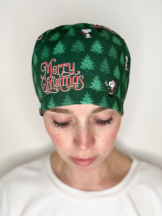 Toggle Back- Merry Christmas Snoopy: Euro-Style Scrub Cap