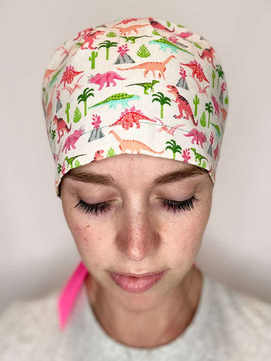 Ribbon Back-Lady Dinos: Euro-Style Scrub Cap