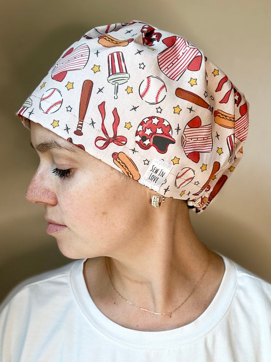 *Toggle Back* SATIN LINED- Play Ball: Euro-Style Scrub Cap