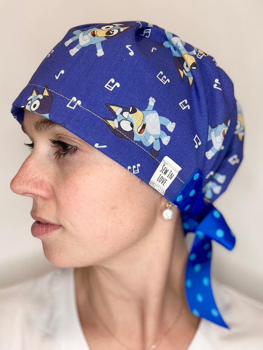 Ribbon Back-Musical Bluey (Polka Dot Ribbon): Euro-Style Scrub Cap