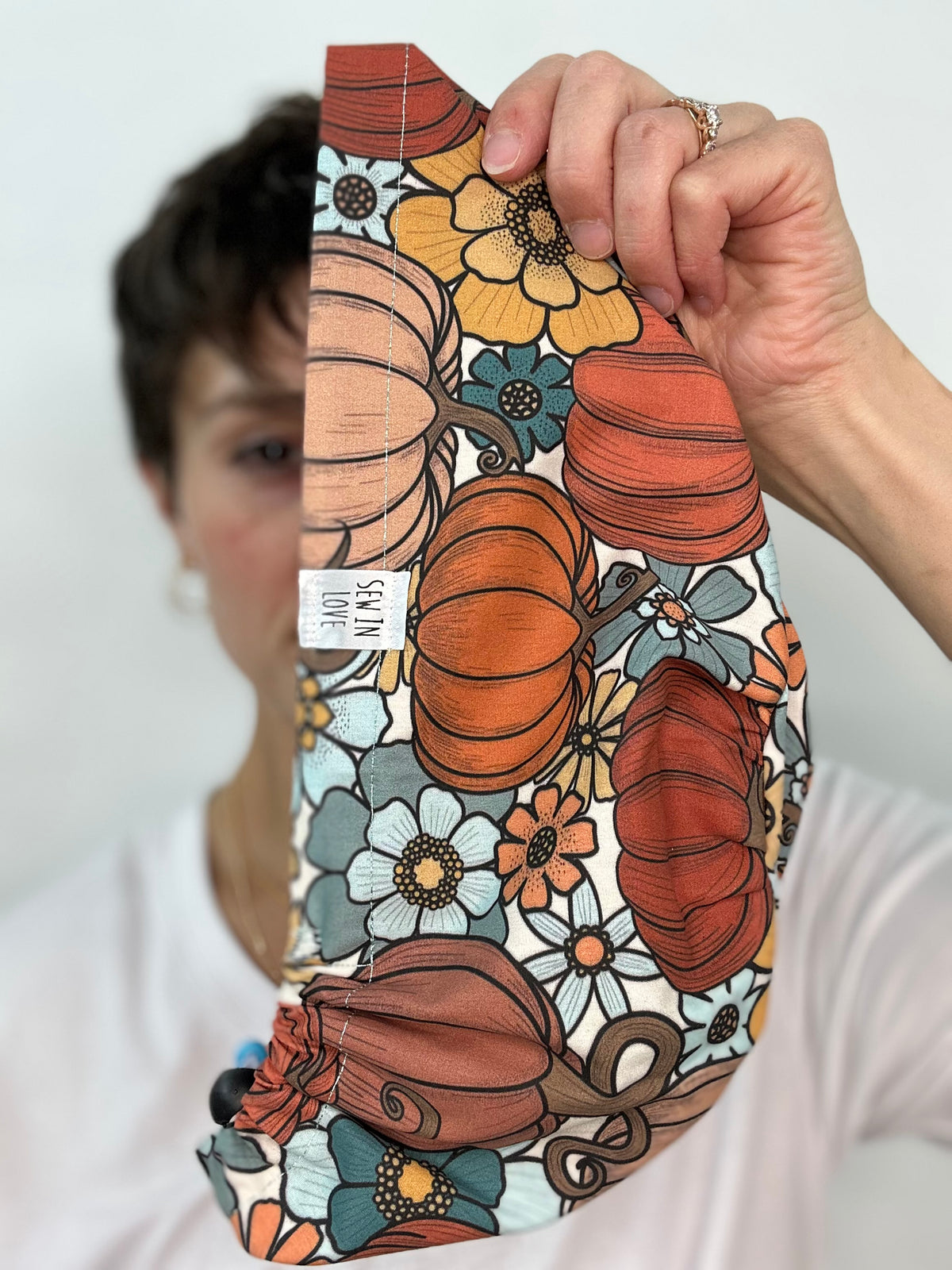 Toggle Back- Pumpkins in Blue: Euro-Style Scrub Cap