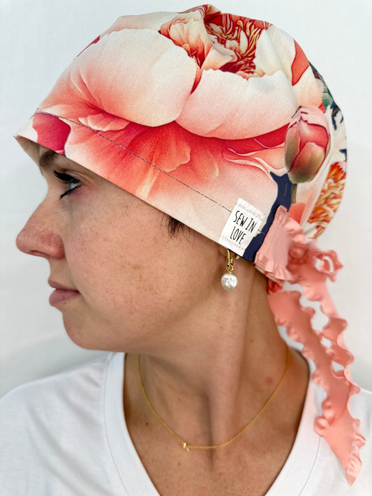 Ribbon Back-Romantic Peonies: Euro-Style Scrub Cap