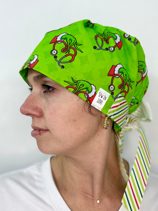 Ribbon Back- Grinch Stethoscopes: Euro-Style Scrub Cap
