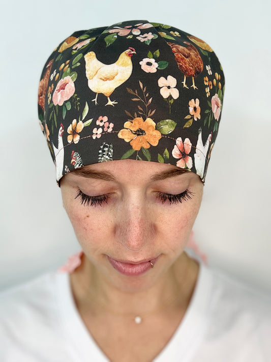 Ribbon Back- Floral Chickens: Euro-Style Scrub Cap