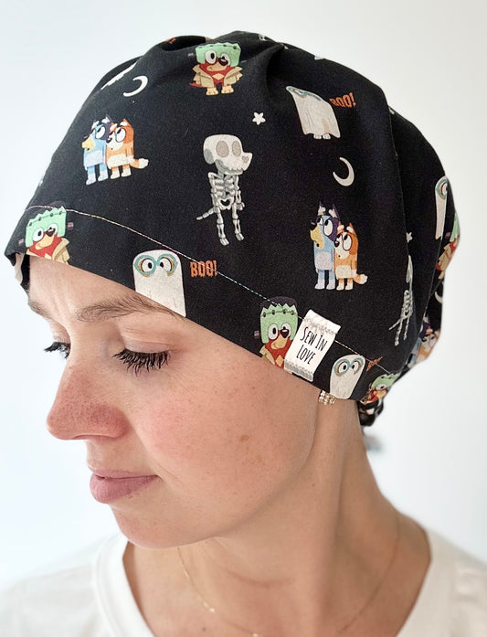 *Toggle Back* SATIN LINED- Bluey Halloween: Euro-Style Scrub Cap