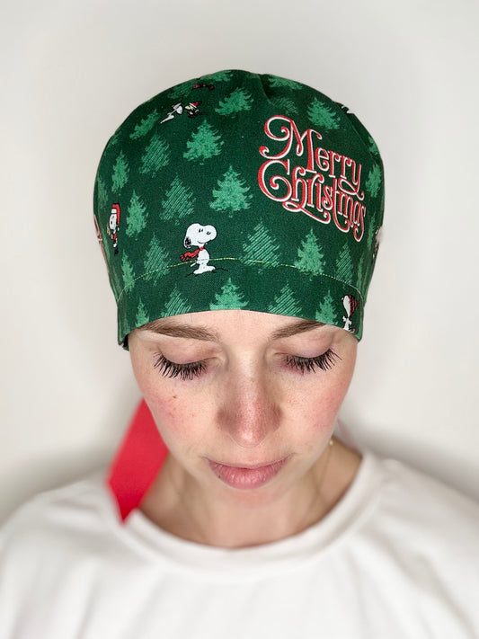 Ribbon Back- Merry Christmas Snoopy: Euro-Style Scrub Cap