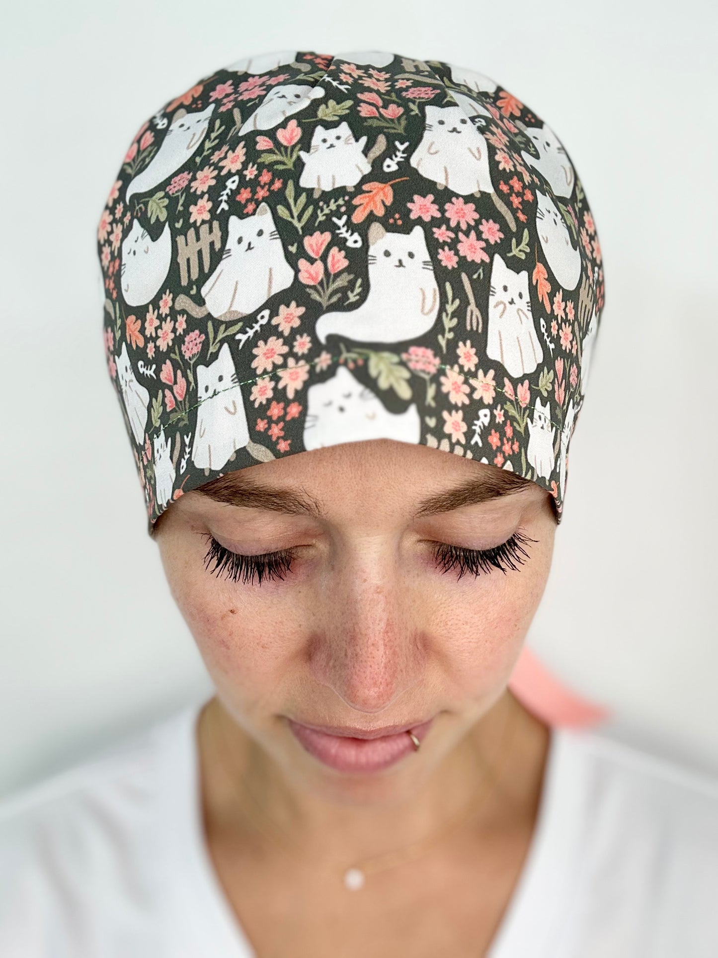 Ribbon Back- Ghost Kitties: Euro-Style Scrub Cap