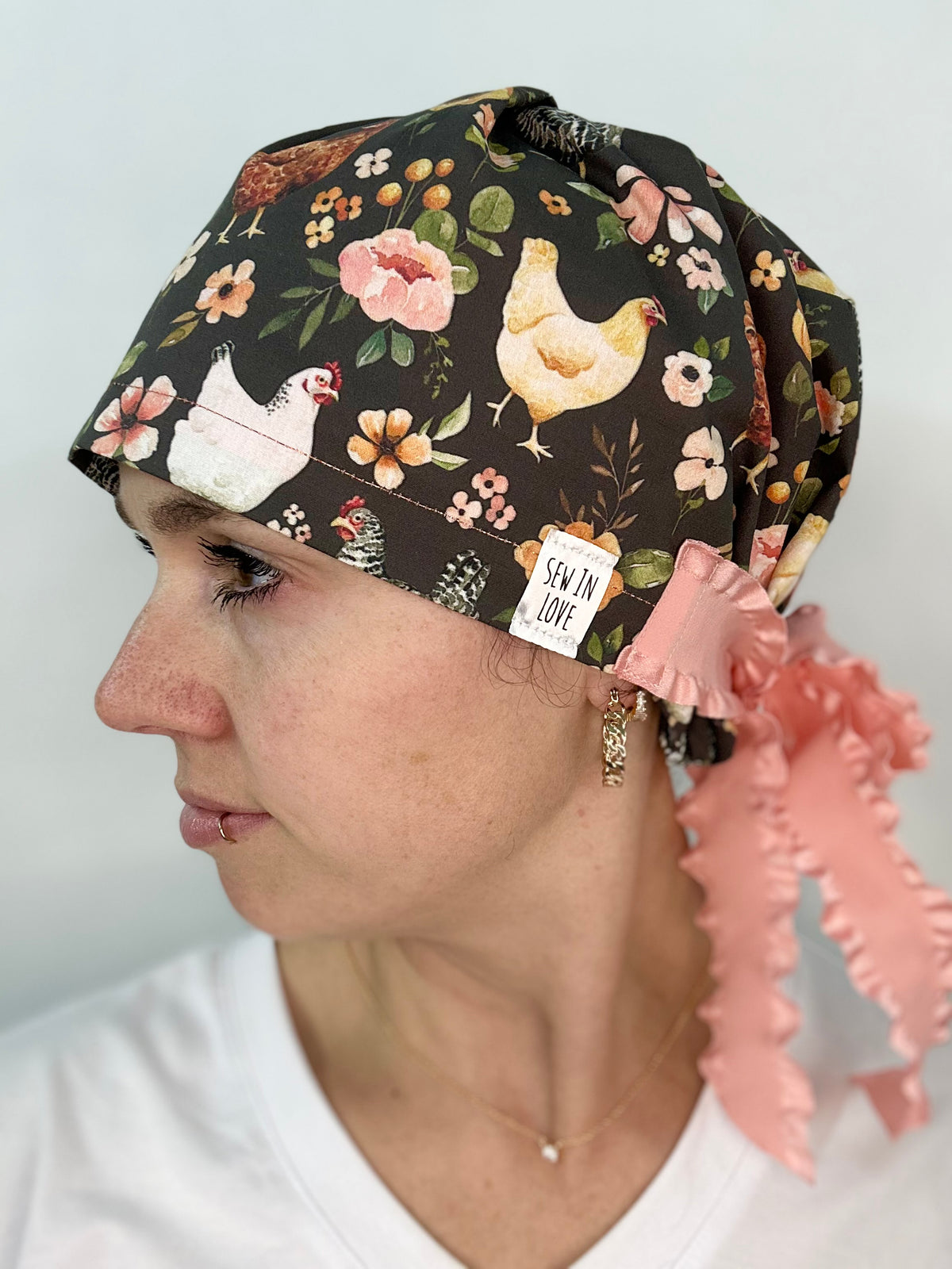 Ribbon Back- Floral Chickens: Euro-Style Scrub Cap
