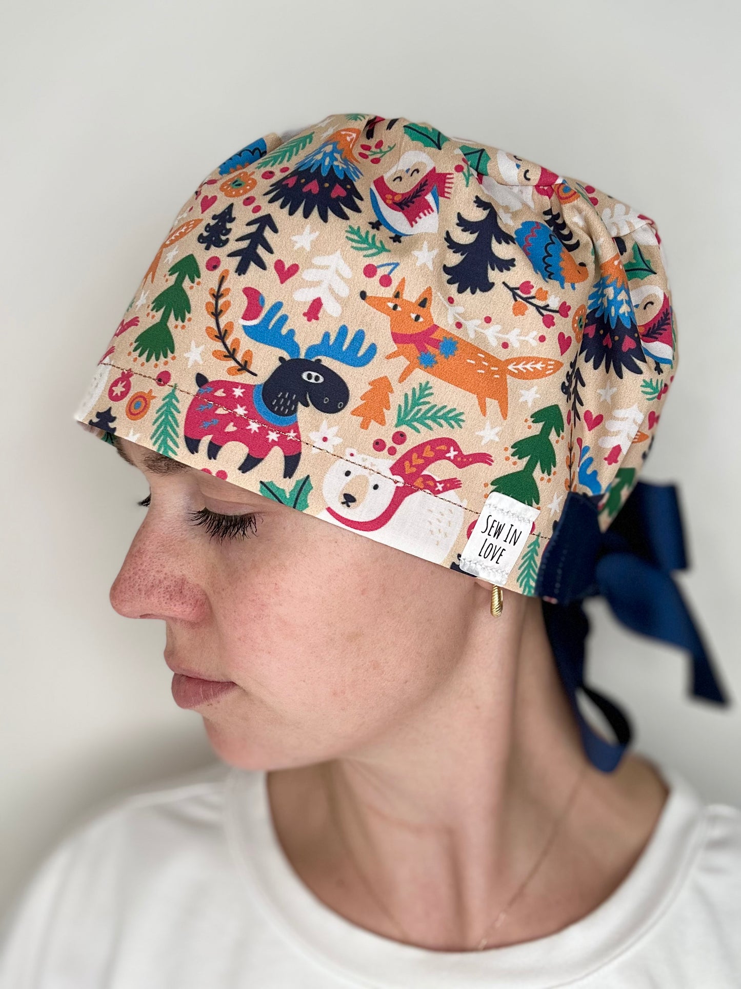 Ribbon Back- Woodland Animals: Euro-Style Scrub Cap