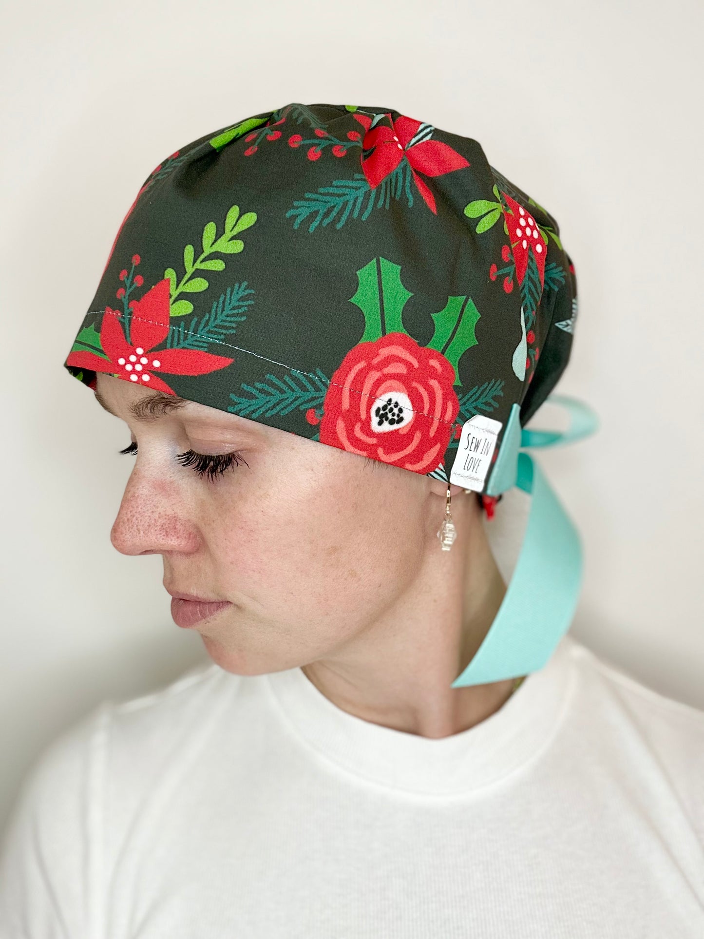 SATIN LINED- Poinsettia Christmas: Euro-Style Scrub Cap