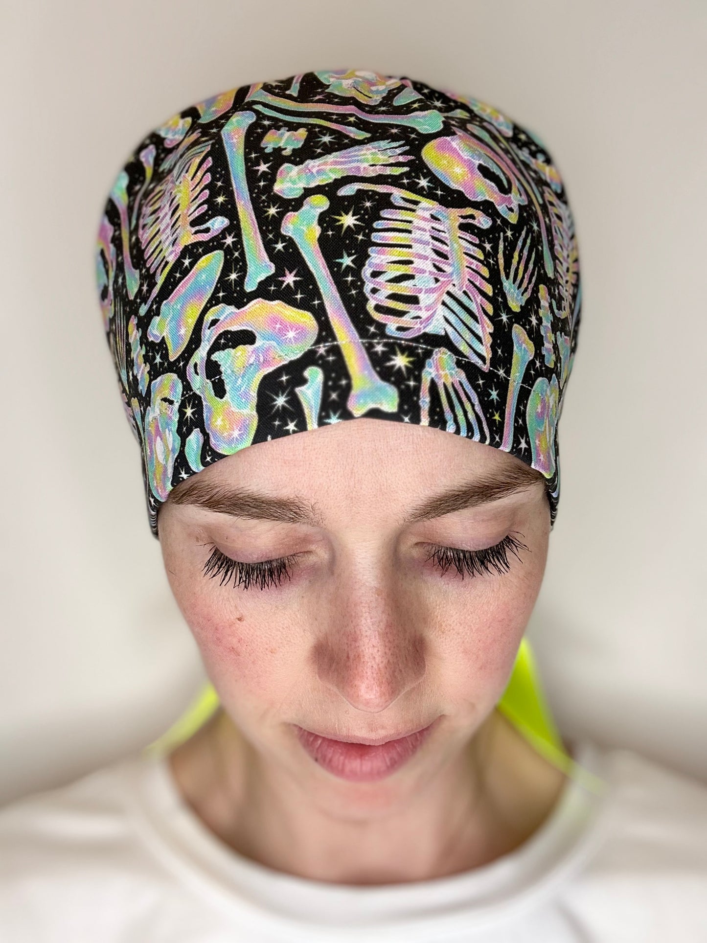 Ribbon Back- Neon Bones: Euro-Style Scrub Cap