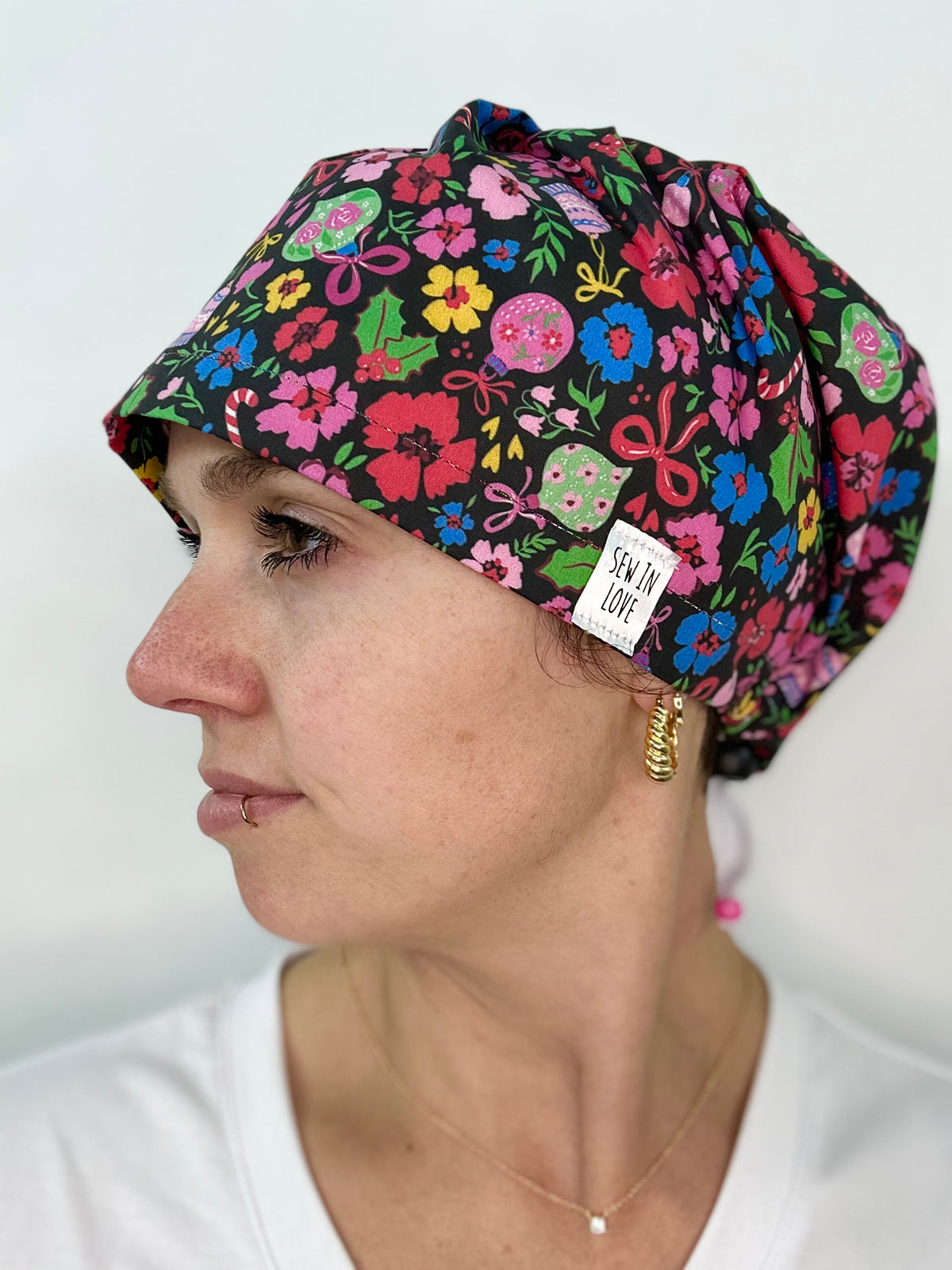 Toggle Back- Candy Cane Floral: Euro-Style Scrub Cap