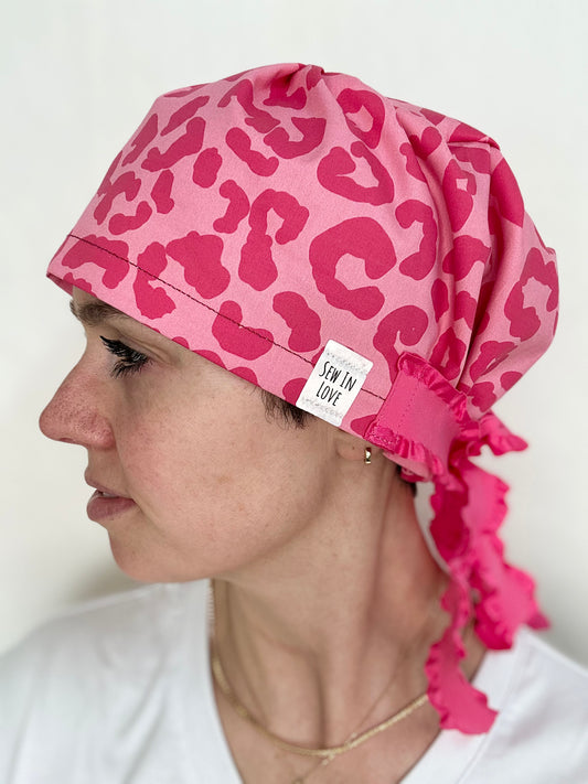 Ribbon Back- Girlie Leopard: Euro-Style Scrub Cap