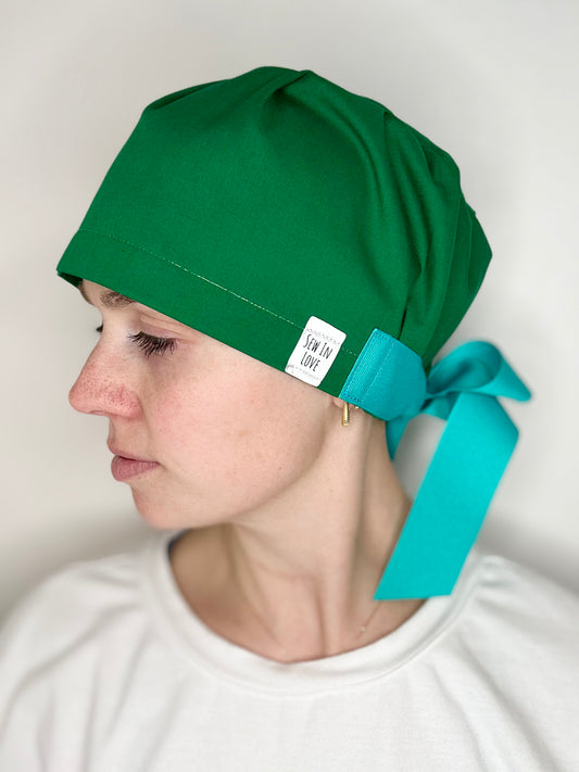 *Sneaky Print* Ribbon Back- Solid Green with Turquoise Ribbon: Euro-Style Scrub Cap