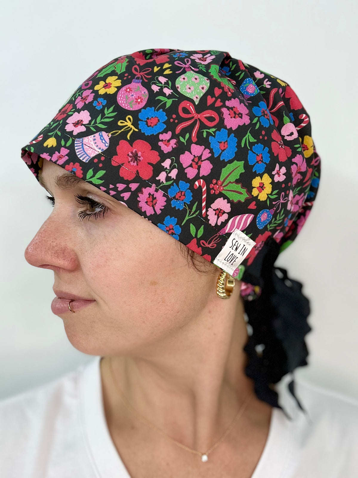 Ribbon Back- Candy Cane Floral: Euro-Style Scrub Cap