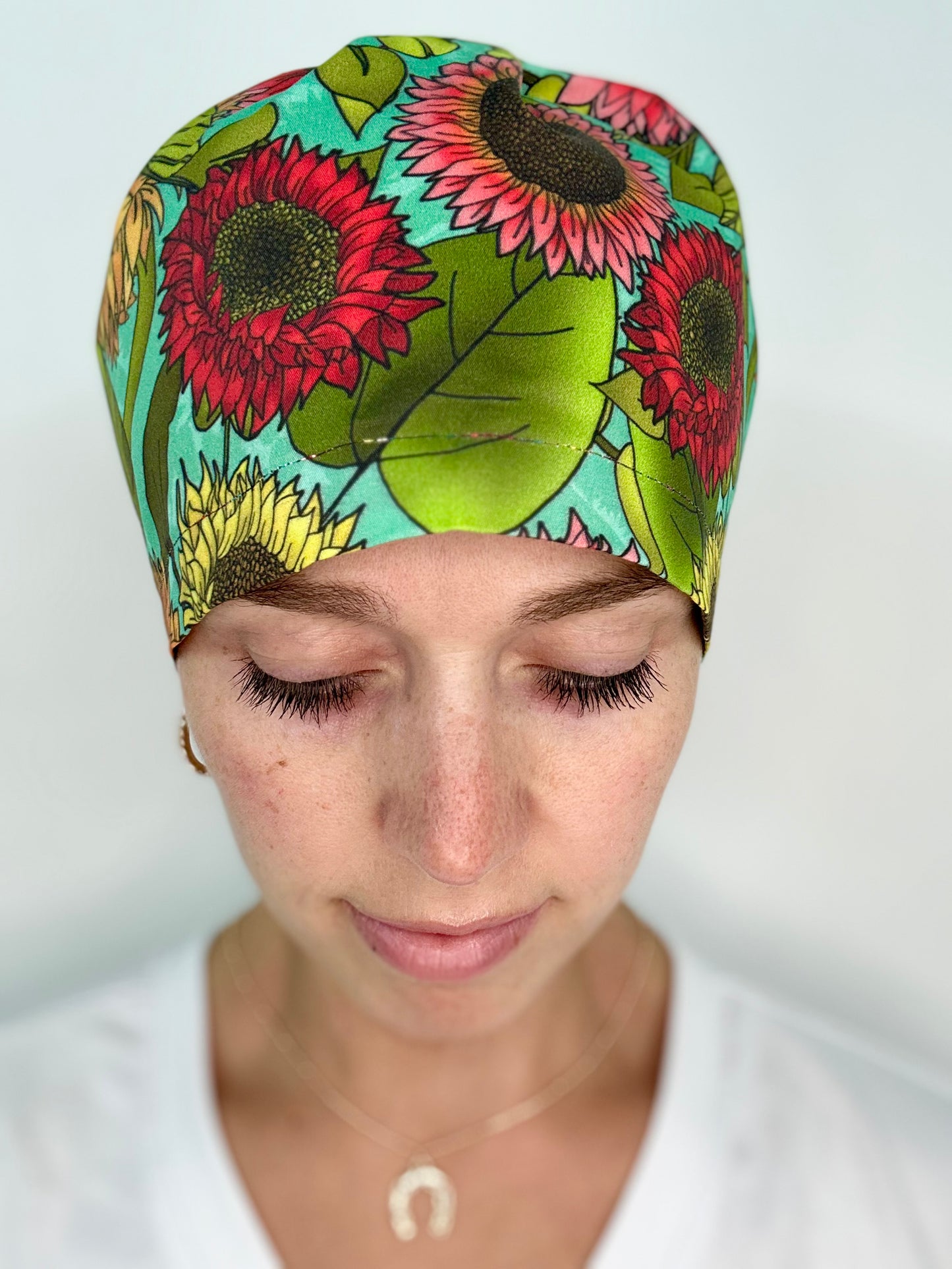 Toggle Back- Delightful Sunflowers: Euro-Style Scrub Cap
