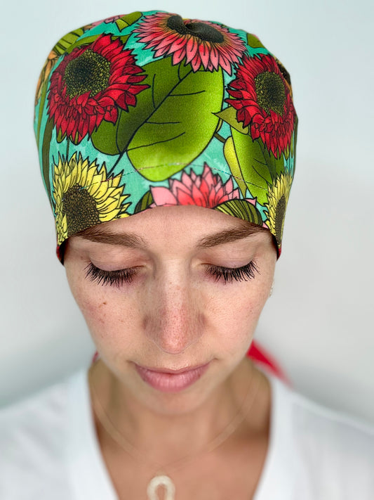 Ribbon Back- Delightful Sunflowers: Euro-Style Scrub Cap