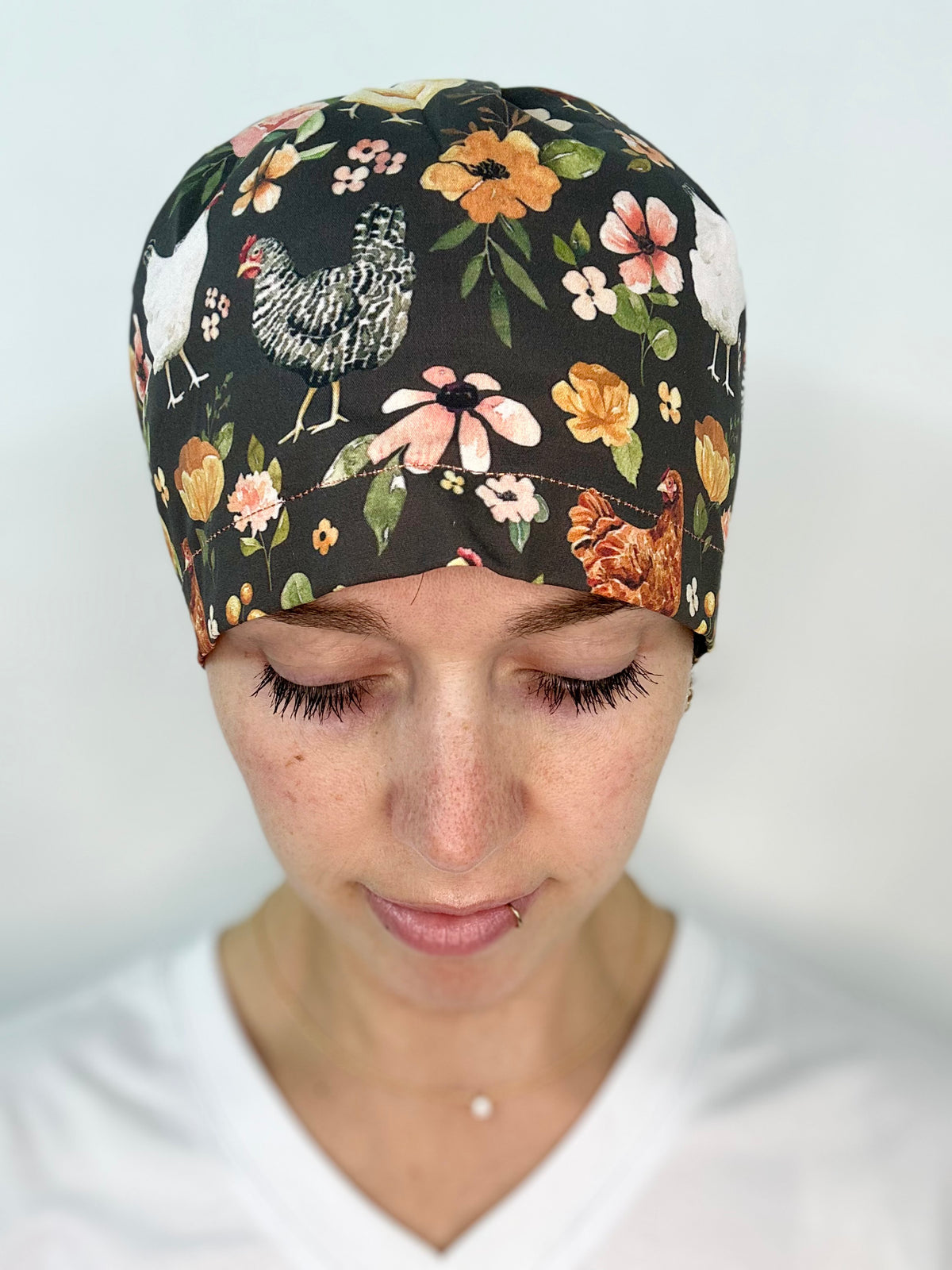 Toggle Back- Floral Chickens: Euro-Style Scrub Cap