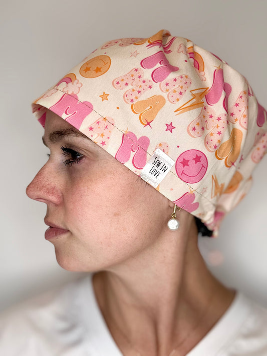Toggle Back- Bubble Letter MAMA: Euro-Style Scrub Cap
