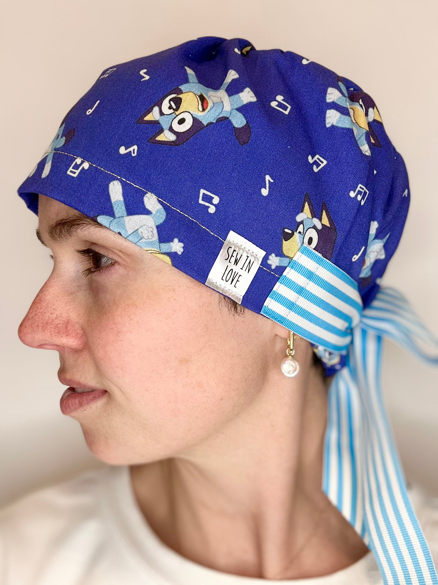 Ribbon Back-Musical Bluey (Striped Ribbon): Euro-Style Scrub Cap