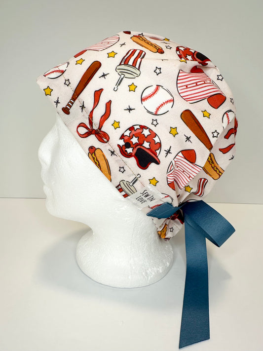NOT LINED- Play Ball (Slim Blue Ribbon): Euro-Style Scrub Cap