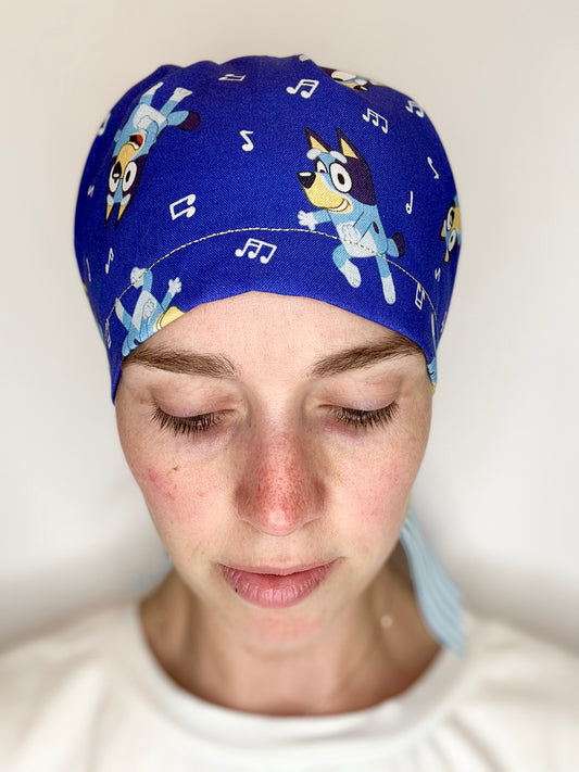 Ribbon Back-Musical Bluey (Striped Ribbon): Euro-Style Scrub Cap