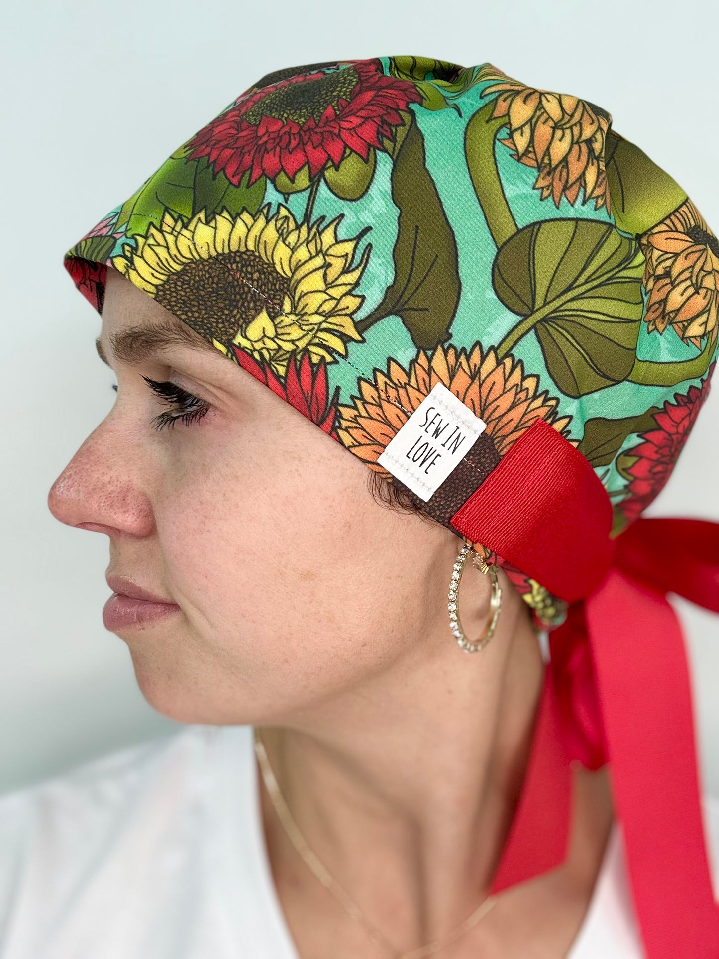 Ribbon Back- Delightful Sunflowers: Euro-Style Scrub Cap