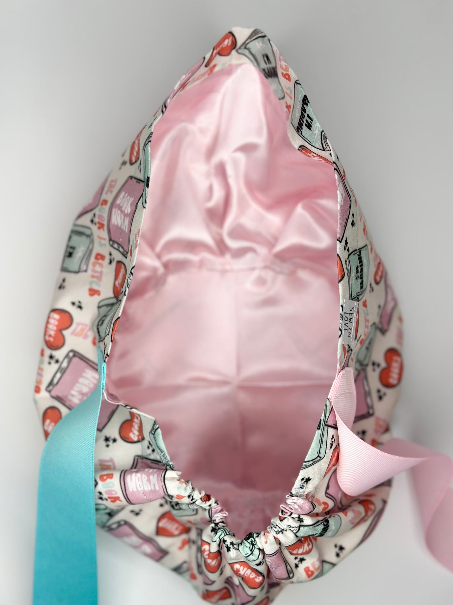 Ribbon Back- Book Worm (Mismatched Ribbons): Euro-Style Scrub Cap